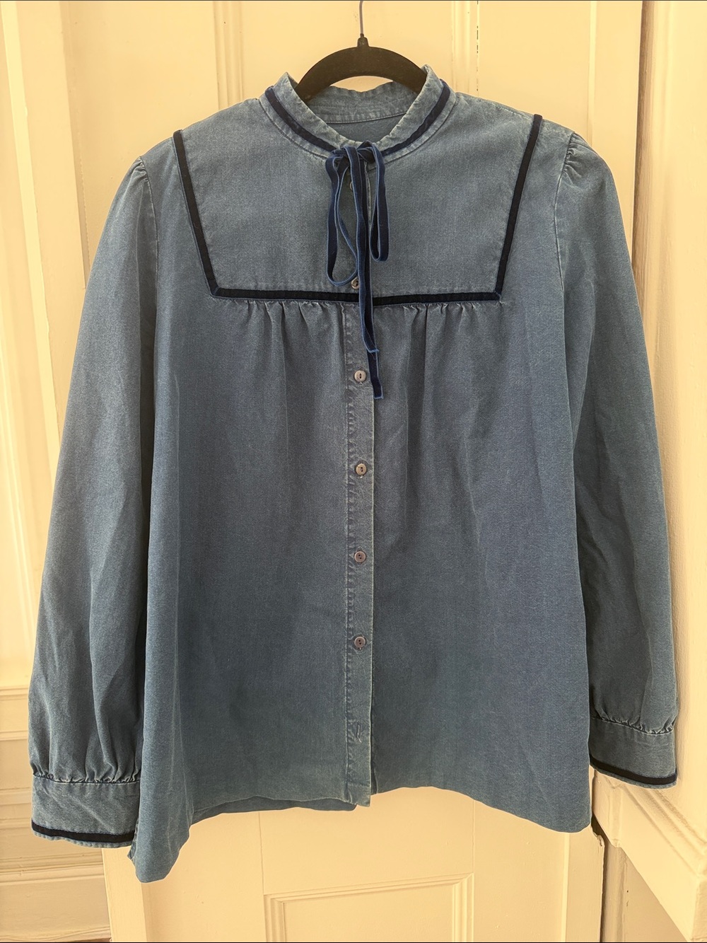 A.P.C. Light Blue Velvet-Trim Button Down Blouse